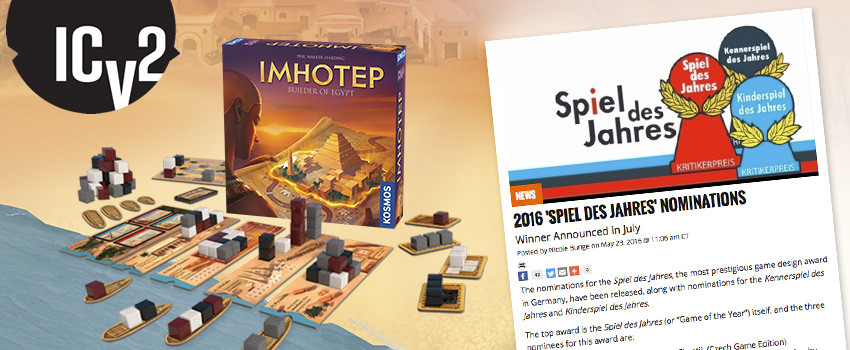 ICv2 covers the 2016 Spiel des Jahres nominees, including Imhotep